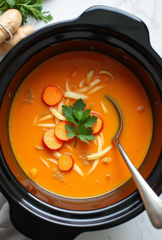 Healthy Carrot Ginger Detox Soup made in a crockpot with fresh carrots, ginger, and citrus flavors.