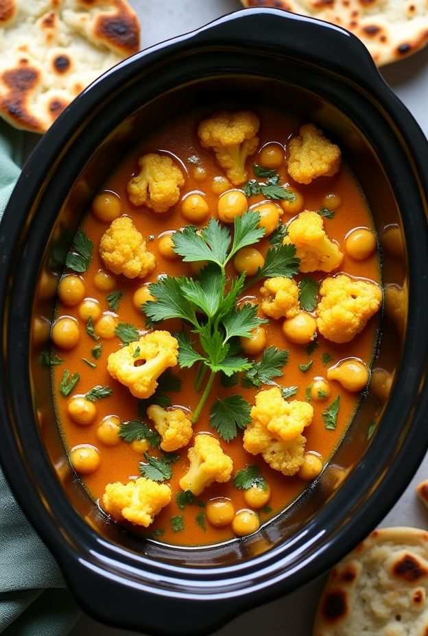 A vibrant slow cooker cauliflower and chickpea curry with spices and garnished with cilantro, served in a black crockpot.
