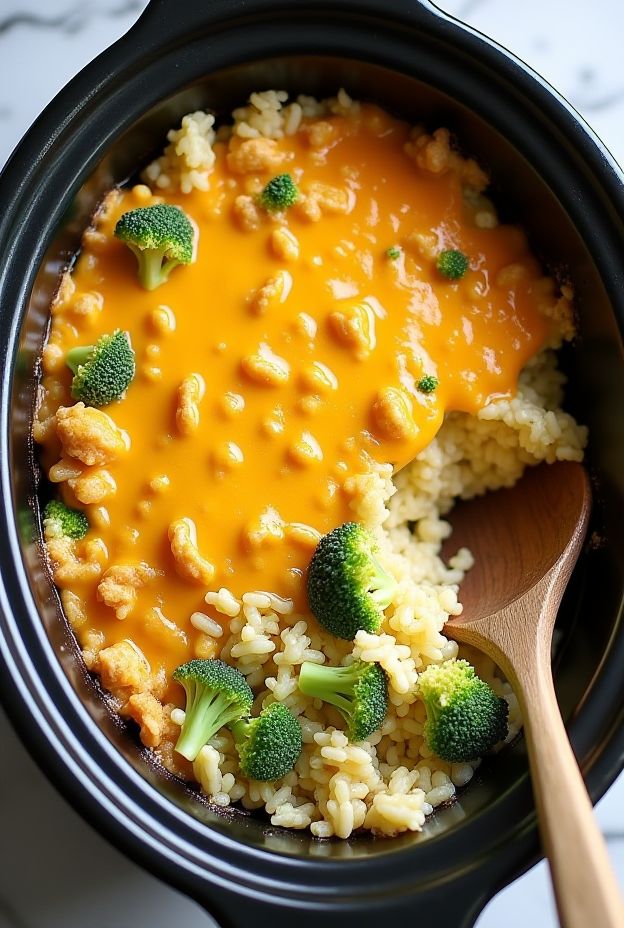 Creamy Cheddar Broccoli Rice Bake in crockpot with broccoli and melted cheese.
