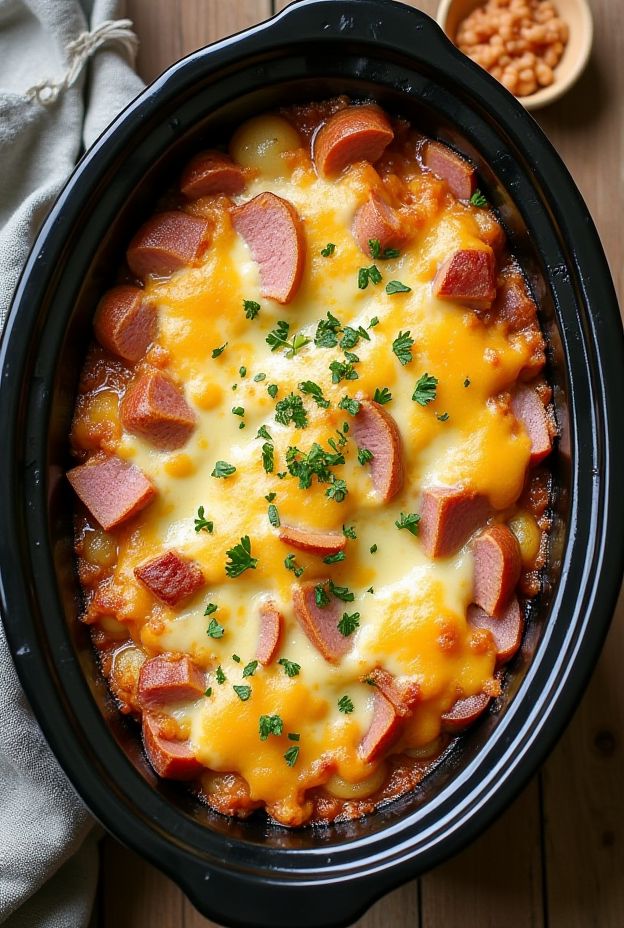 Crockpot Cheesy Ham & Potato Bake with layers of cheese, ham, and potatoes.