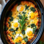 Cheesy Spinach Egg Casserole baked in a crockpot, featuring eggs, spinach, and cheddar cheese.