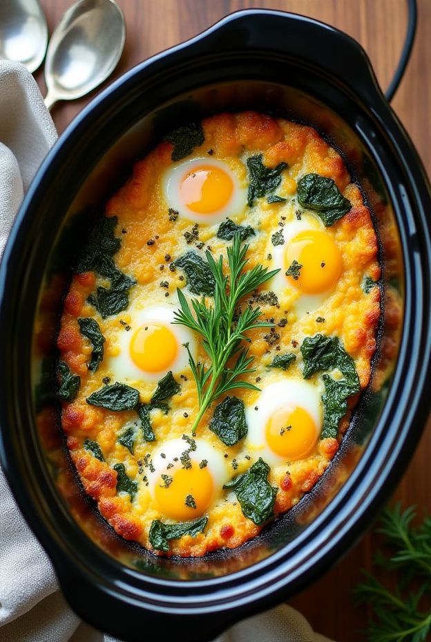 Cheesy Spinach Egg Casserole baked in a crockpot, featuring eggs, spinach, and cheddar cheese.