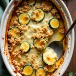 Cheesy Zucchini Gratin in a white crockpot, layered with zucchini, cheese, and breadcrumbs.