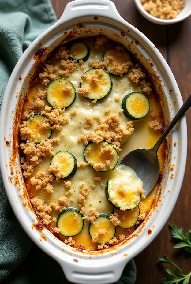 Cheesy Zucchini Gratin in a white crockpot, layered with zucchini, cheese, and breadcrumbs.