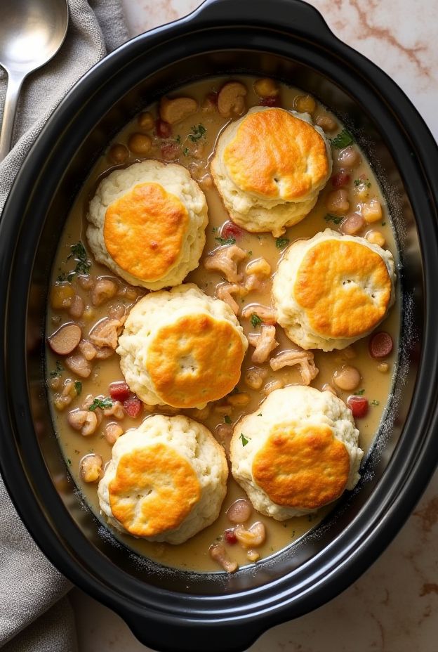 Creamy chicken stew topped with fluffy biscuits in a crockpot for a cozy, hearty meal.