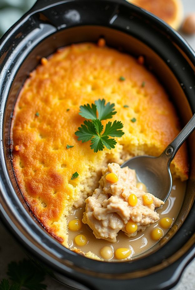 Crockpot Chicken & Cornbread Casserole with a fluffy cornbread topping over savory chicken stew.