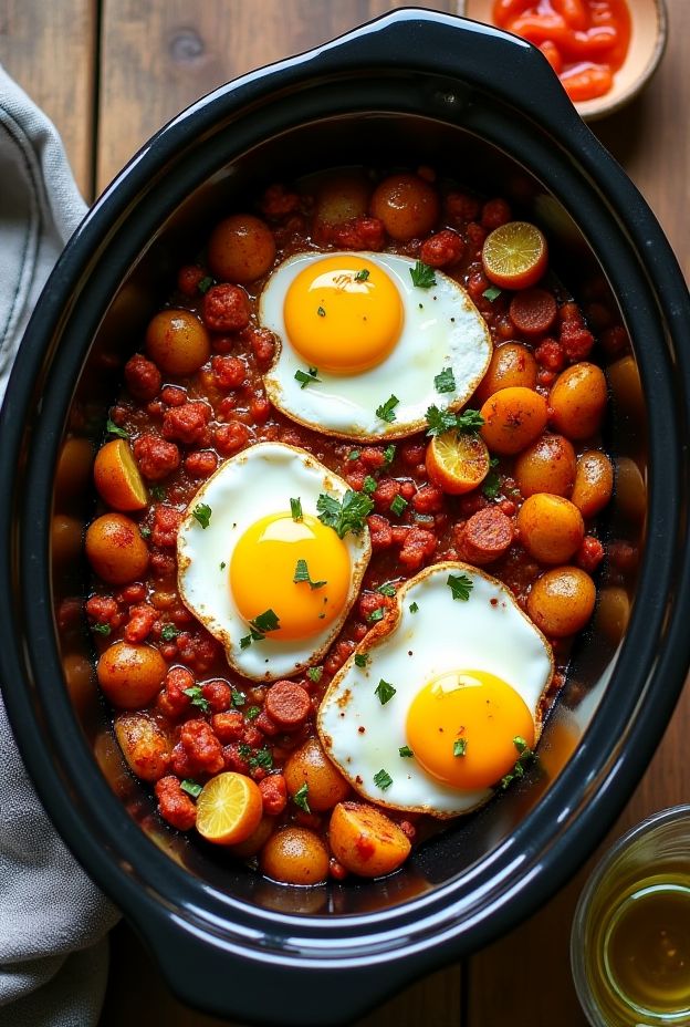 Hearty Chorizo Breakfast Hash with eggs, potatoes, and spices cooked in a crockpot.