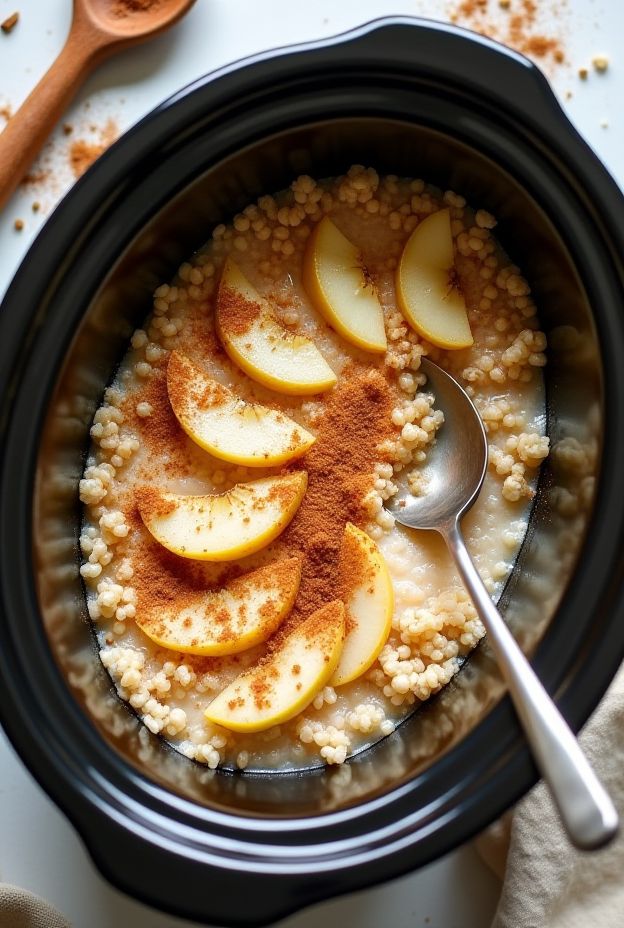 Nutritious Cinnamon Pear Quinoa Porridge prepared in a crockpot, featuring quinoa, pears, and cinnamon.