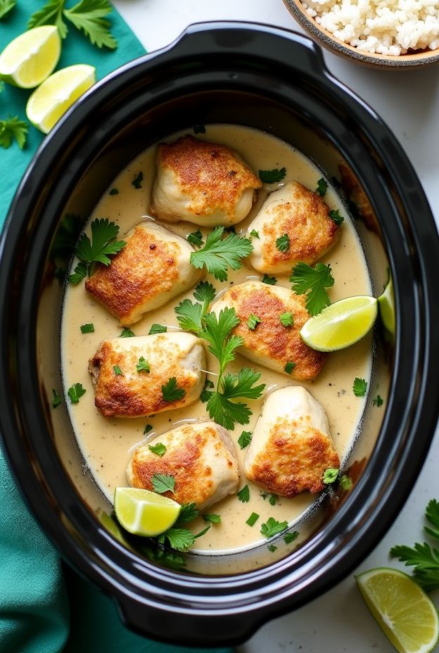 Crockpot Coconut Lime Chicken Thighs served with cilantro and lime, perfect for a tropical meal.