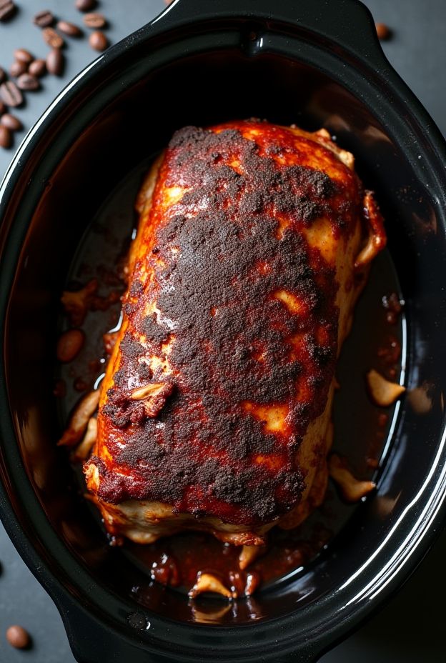 Delicious slow cooker coffee rubbed pork shoulder served with flavorful spices and tender meat.