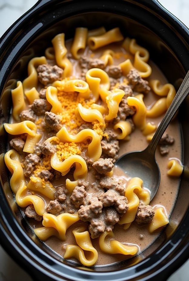 Creamy Beef Noodle Casserole with Mushroom Sauce in a Crockpot for a hearty meal.
