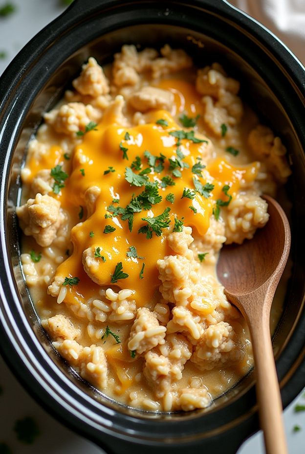 Creamy chicken and rice casserole cooked in a crockpot with melted cheese topping and garnished with fresh parsley.