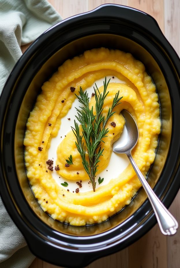 Creamy polenta with fresh herbs made in a crockpot, featuring a smooth texture and vibrant color.