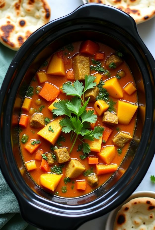 Curried vegetable stew in a crockpot filled with vibrant mixed vegetables and a rich curry broth.