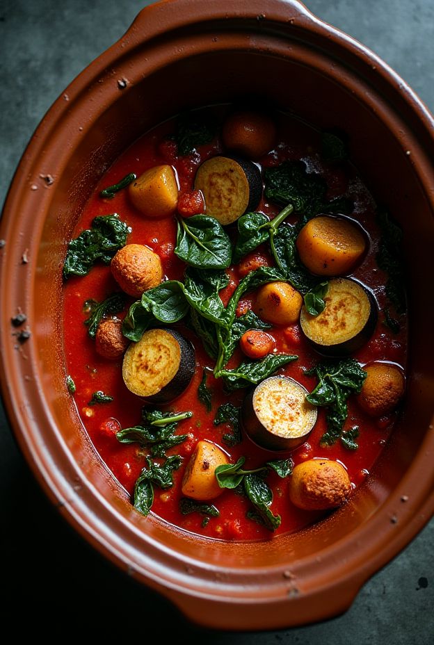 Healthy Eggplant & Spinach Ragout simmered in a crockpot with garlic, herbs, and juicy tomatoes.