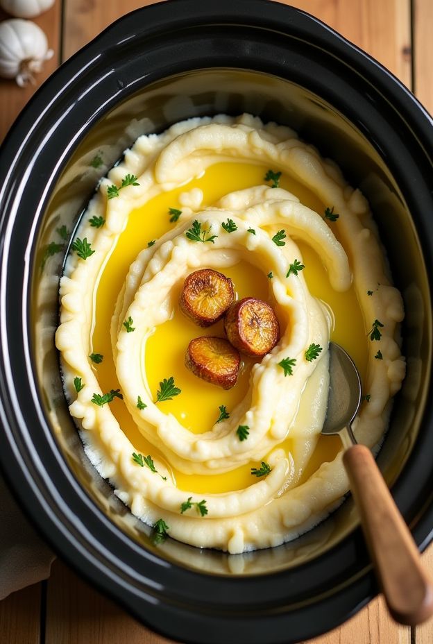 Creamy Garlic Butter Mashed Turnips made in a crockpot served with garlic parsley butter.