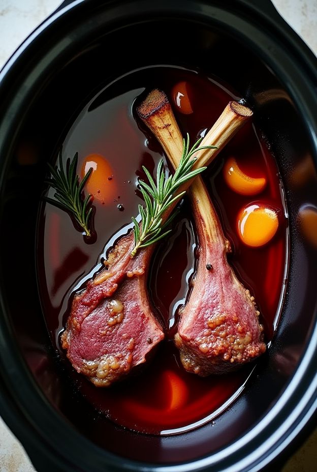 Tender lamb shanks braised in garlic, rosemary, and red wine in a crockpot for a comforting meal.