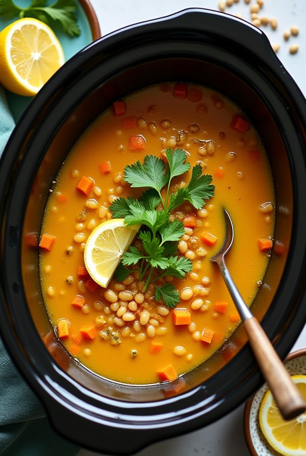 A vibrant bowl of Ginger Turmeric Lentil Soup garnished with cilantro and lemon, perfect for detox and nourishment.