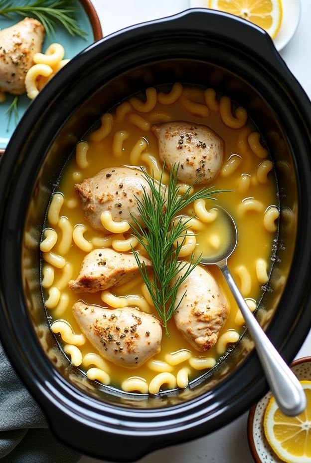 Delicious crockpot Greek lemon orzo soup with chicken, featuring orzo pasta and fresh dill in a rich broth.
