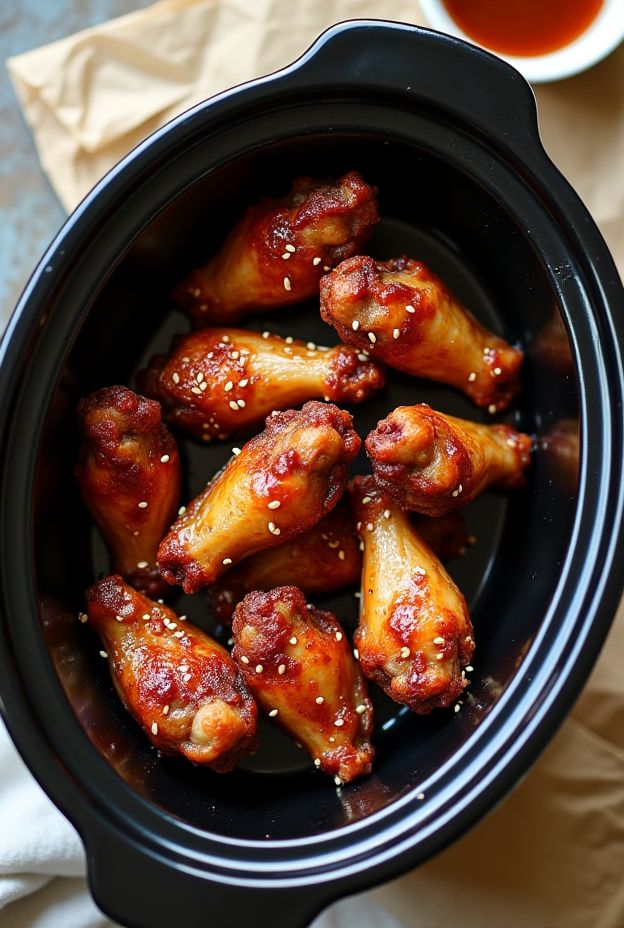 Crockpot Honey Balsamic Chicken Wings garnished with sesame seeds, perfect for gatherings and game nights.