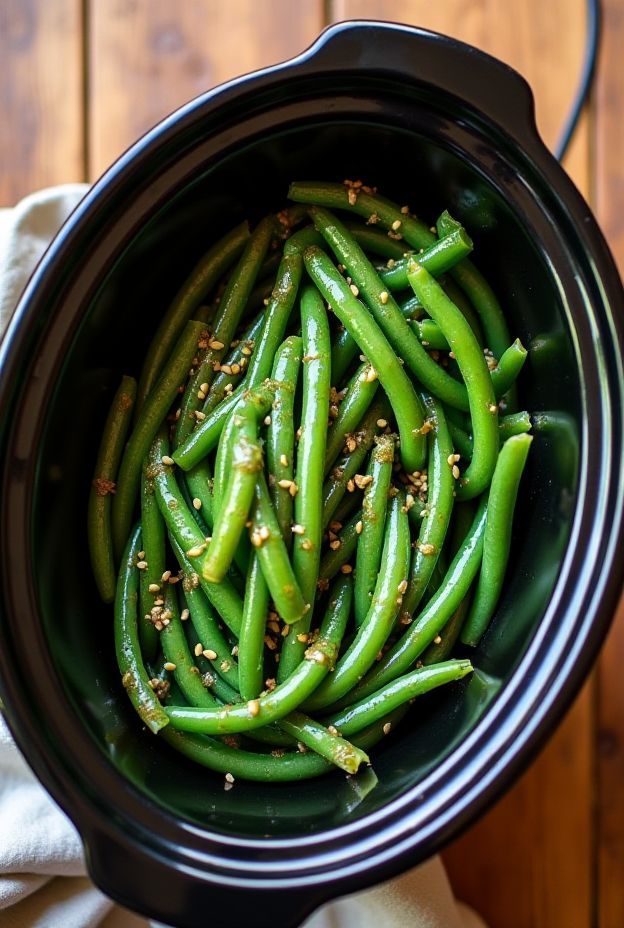 Delicious Honey Dijon Green Beans prepared in a crockpot, showcasing vibrant green beans coated in a sweet and tangy glaze.