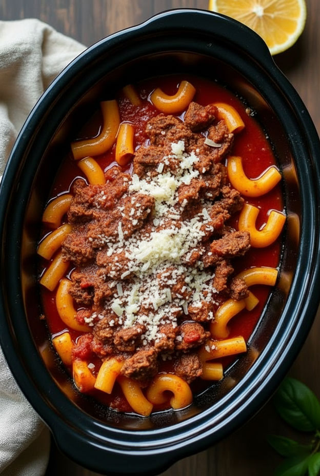 Slow-Cooked Italian Beef Ragu with Pasta, featuring tender beef in tomato sauce over pasta.