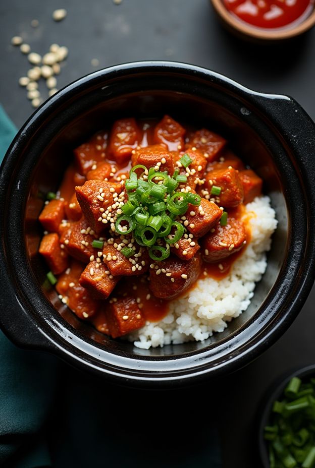 Korean Spicy Pork Rice Bowl with tender pork simmered in gochujang sauce served over rice.