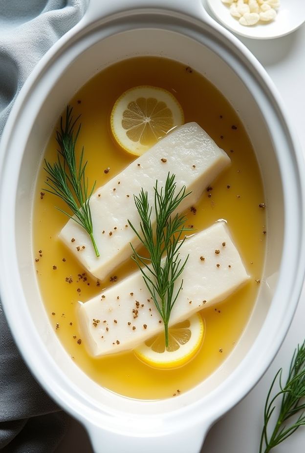A crockpot filled with lemon dill cod fillets poached in vegetable broth, showcasing vibrant lemon slices and fresh dill.