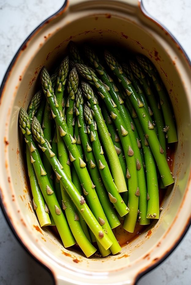 Slow Cooker Lemon Garlic Asparagus with fresh lemon and garlic seasoning for a healthy side dish.
