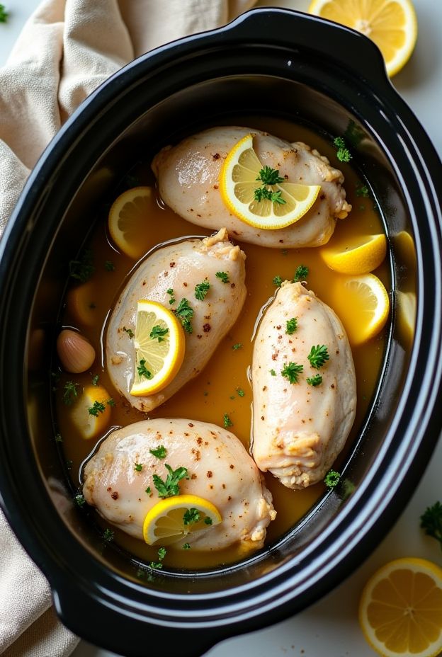 Lemon Garlic Turkey Cutlets cooked in a crockpot with fresh lemon slices and parsley.