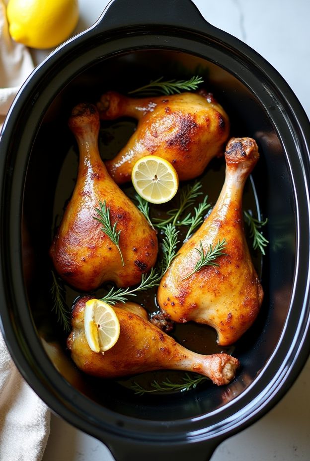 Crockpot Lemon Thyme Roast Duck legs garnished with lemon slices and thyme, showcasing a rustic, aromatic dish.