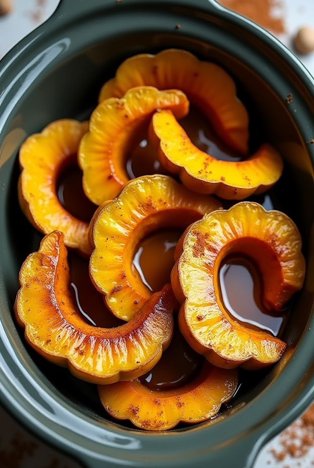 Crockpot Maple Glazed Acorn Squash, a nutritious and flavorful side dish with sweet maple syrup and spices.