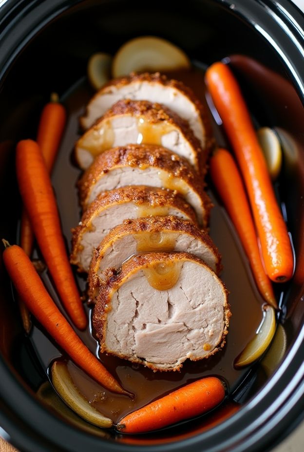 Maple Mustard Pork Tenderloin with carrots and onions in a crockpot, showcasing a glaze of maple syrup and mustard.