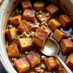 Maple Walnut French Toast Bake in a crockpot with cubed bread drenched in maple custard and topped with walnuts.