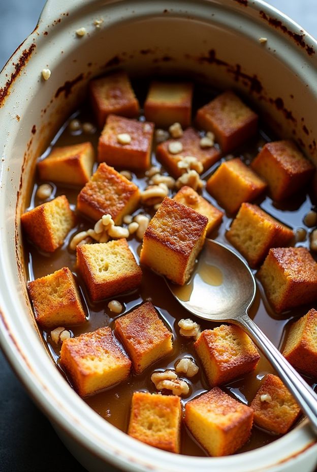 Maple Walnut French Toast Bake in a crockpot with cubed bread drenched in maple custard and topped with walnuts.