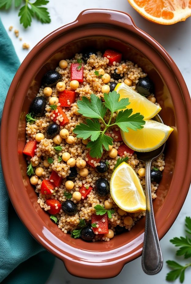 Mediterranean Quinoa Bowl with olives, roasted peppers, and tomato broth, served in a crockpot.