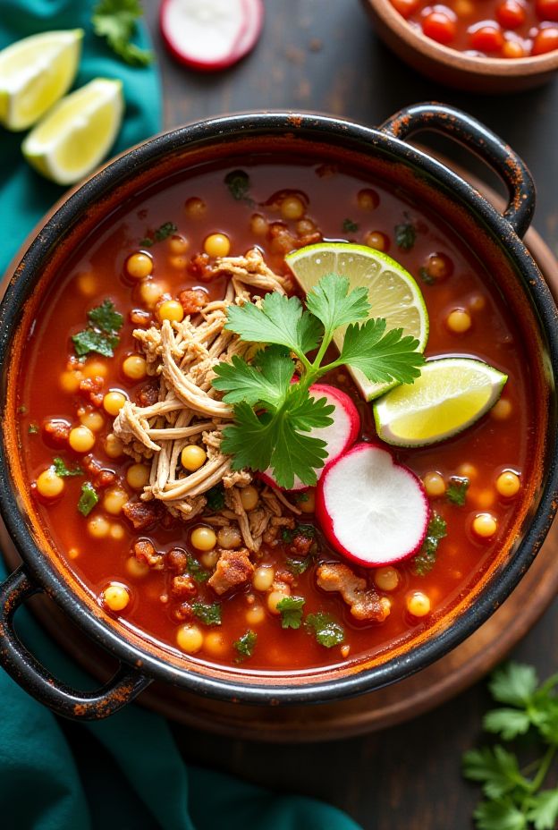 A bowl of hearty Mexican Chicken Pozole with hominy, garnished with lime and radishes served in a rustic setting.