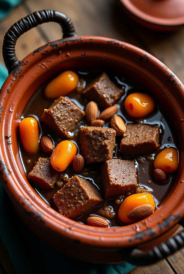 Slow Cooker Moroccan Beef Tagine with apricots, almonds, and aromatic spices in a traditional tagine pot.
