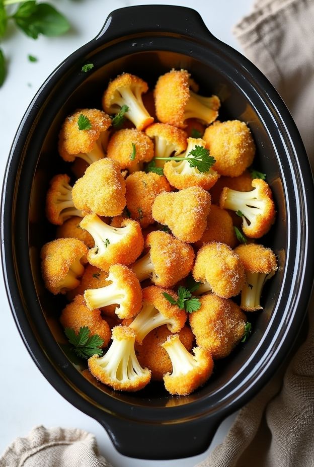 Crockpot Parmesan Crusted Cauliflower with golden crust and fresh herbs, perfect for healthy meals and gatherings.