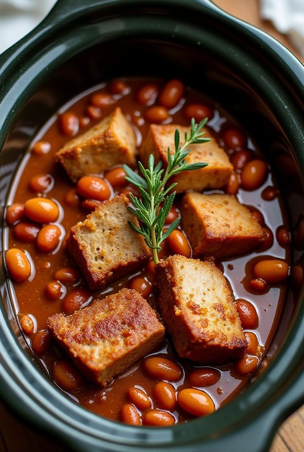 Smoky Pork & Bean Casserole in a crockpot, featuring tender pork and baked beans in a savory sauce.