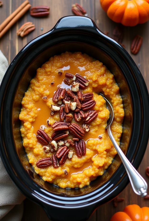 Creamy pumpkin pecan oatmeal cooked in a crockpot, topped with pecans.