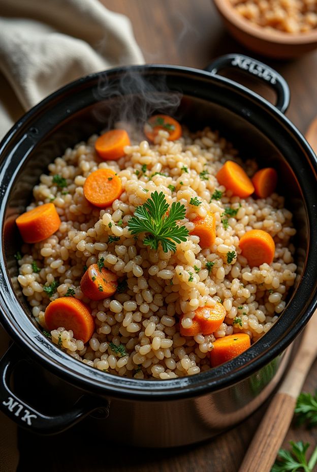Rustic Barley Pilaf featuring barley, carrots, onions, and parsley cooked in a crockpot for a nutritious meal.