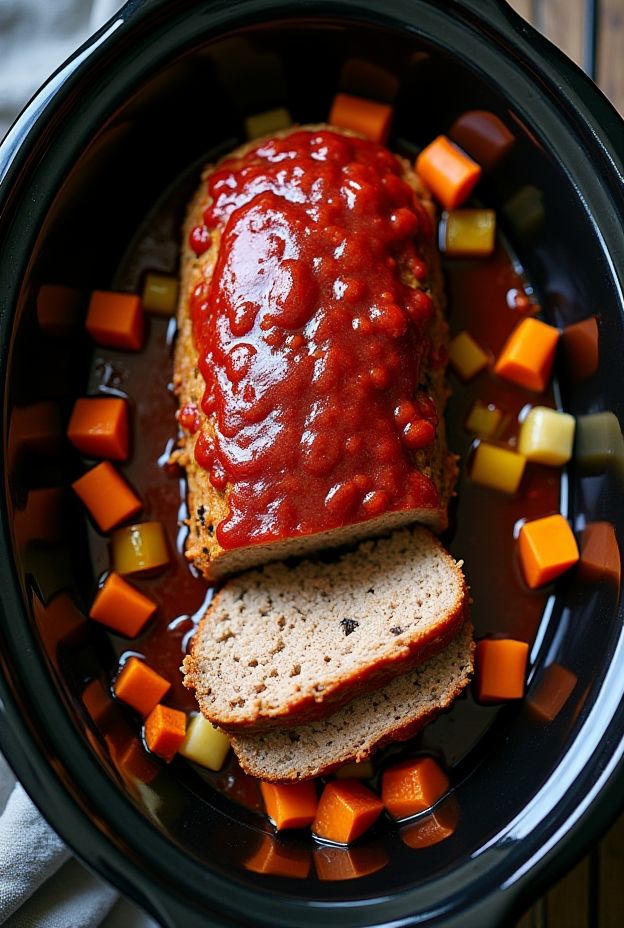 Moist and flavorful Crockpot Rustic Turkey Meatloaf topped with tangy tomato glaze, perfect for family dinners.