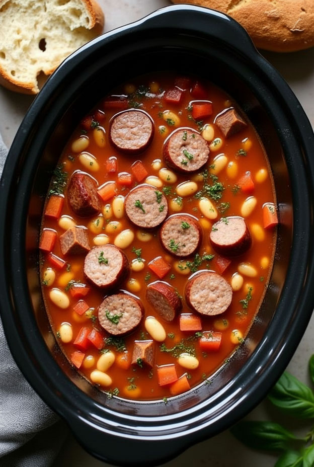 A nourishing crockpot Sausage & White Bean Stew loaded with sausage, beans, tomatoes, and herbs, perfect for comfort meals.
