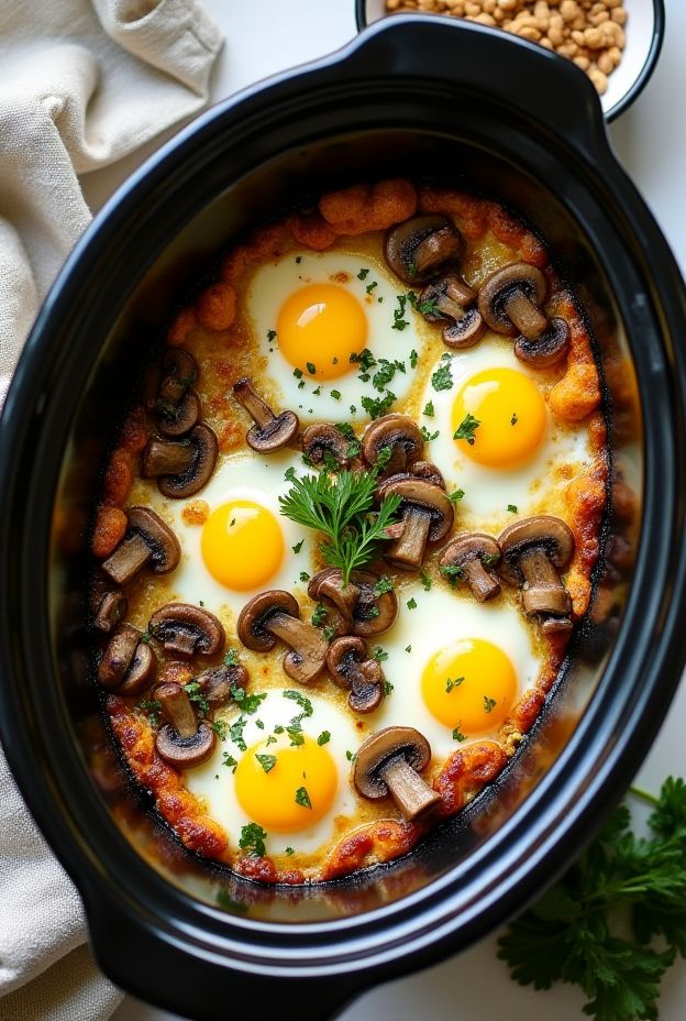 Savory Mushroom Egg Bake made with eggs, mushrooms, onions, and herbs in a crockpot.