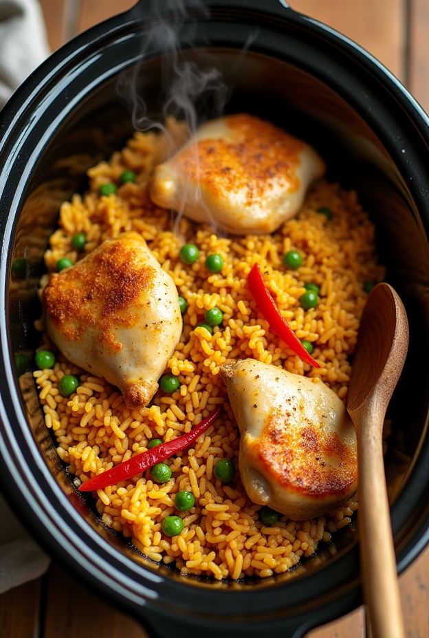 Slow Cooker Spanish Chicken & Rice featuring saffron rice, chicken thighs, and colorful bell peppers.