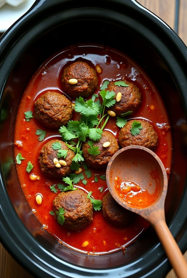 Savory Spiced Beef Kofta Meatballs simmering in a rich tomato sauce, garnished with fresh herbs and nuts.
