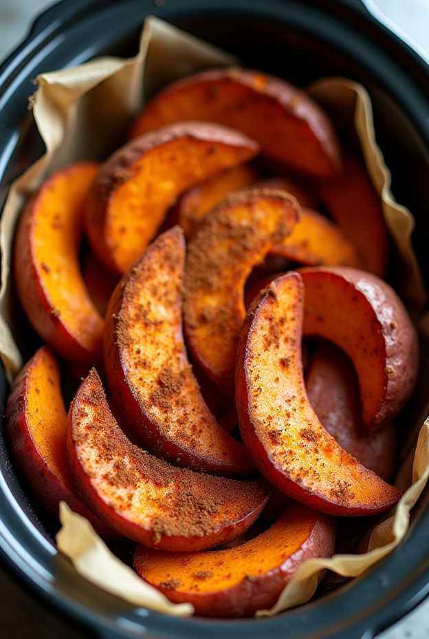 Crockpot Spiced Sweet Potato Wedges seasoned with cinnamon and chili, perfect for healthy meals and snacks.