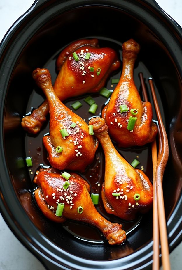 Tender teriyaki turkey drumsticks simmered in sweet-savory sauce, garnished with green onions and sesame seeds.