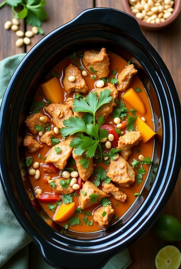 Slow cooker Thai peanut chicken with vegetables in a rich peanut sauce, garnished with cilantro.